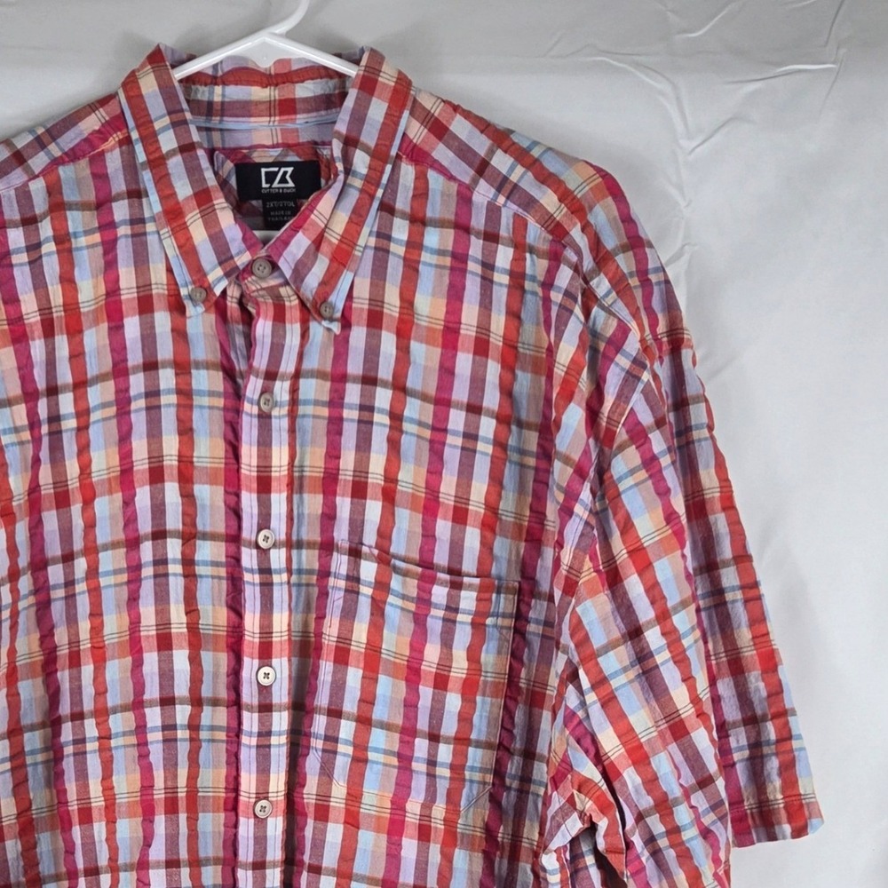 Cutter & Buck Mens 2XT Plaid Textured Cotton Short Sleeve Button Down Shirt Red